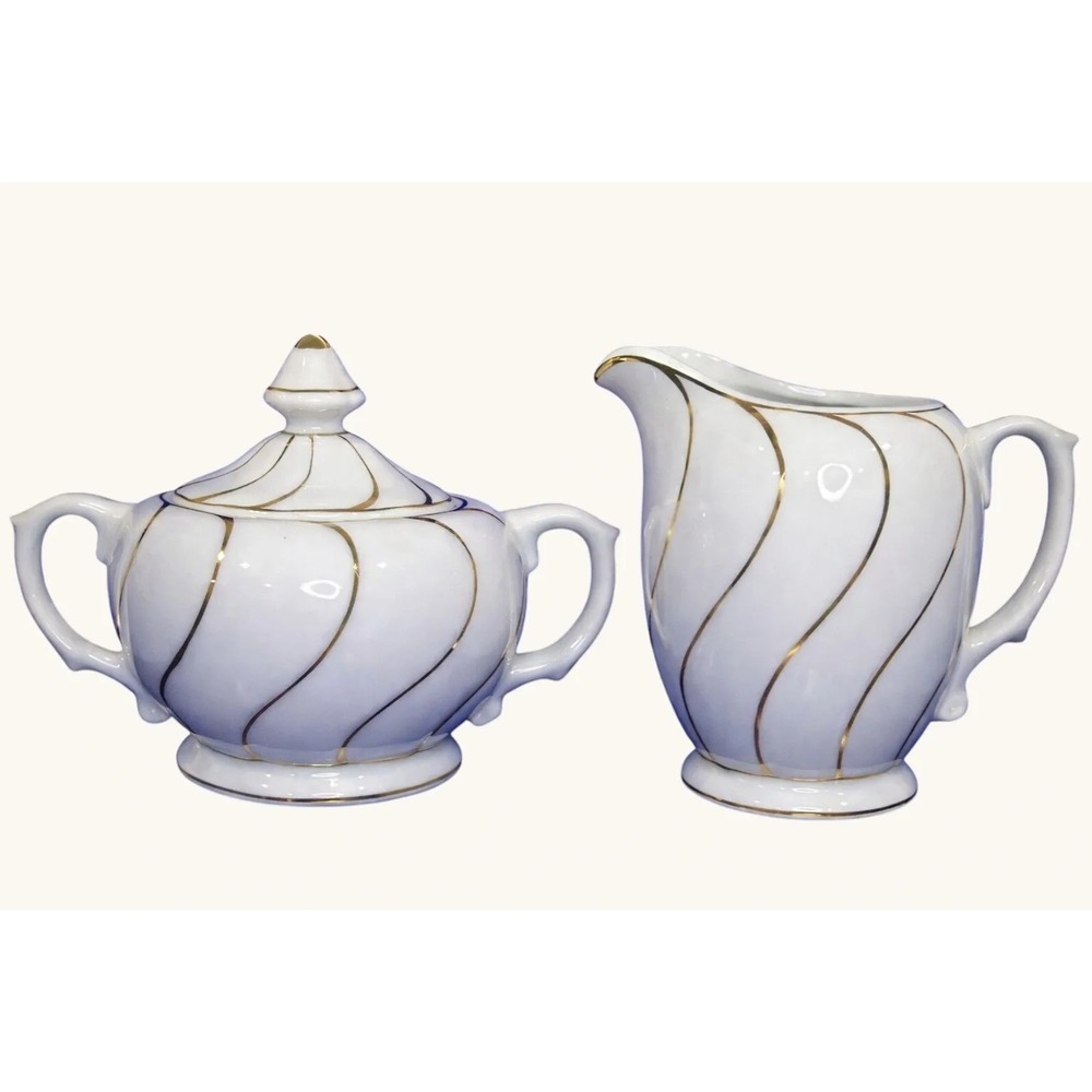 Japanese Porcelain Creamer & Sugar Bowl Set Gold Swirl Detail Vintage